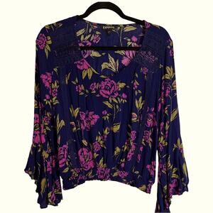 Express Navy blue and Pink floral Peasant Blouse with Bell sleeves Size: Medium